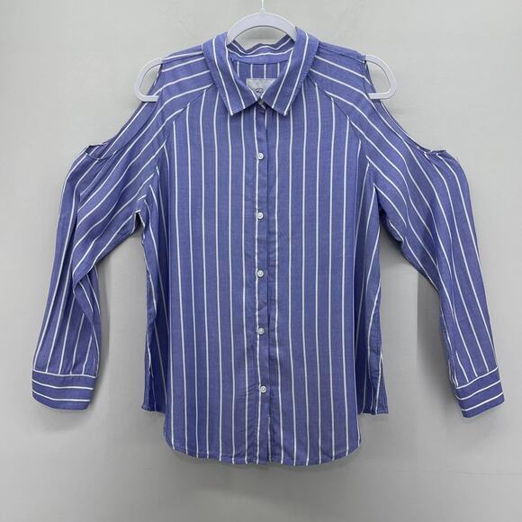 Rails Sadie Ocean Stripe Cold Shoulder Blue White Button Down Shirt - Picture 1 of 9